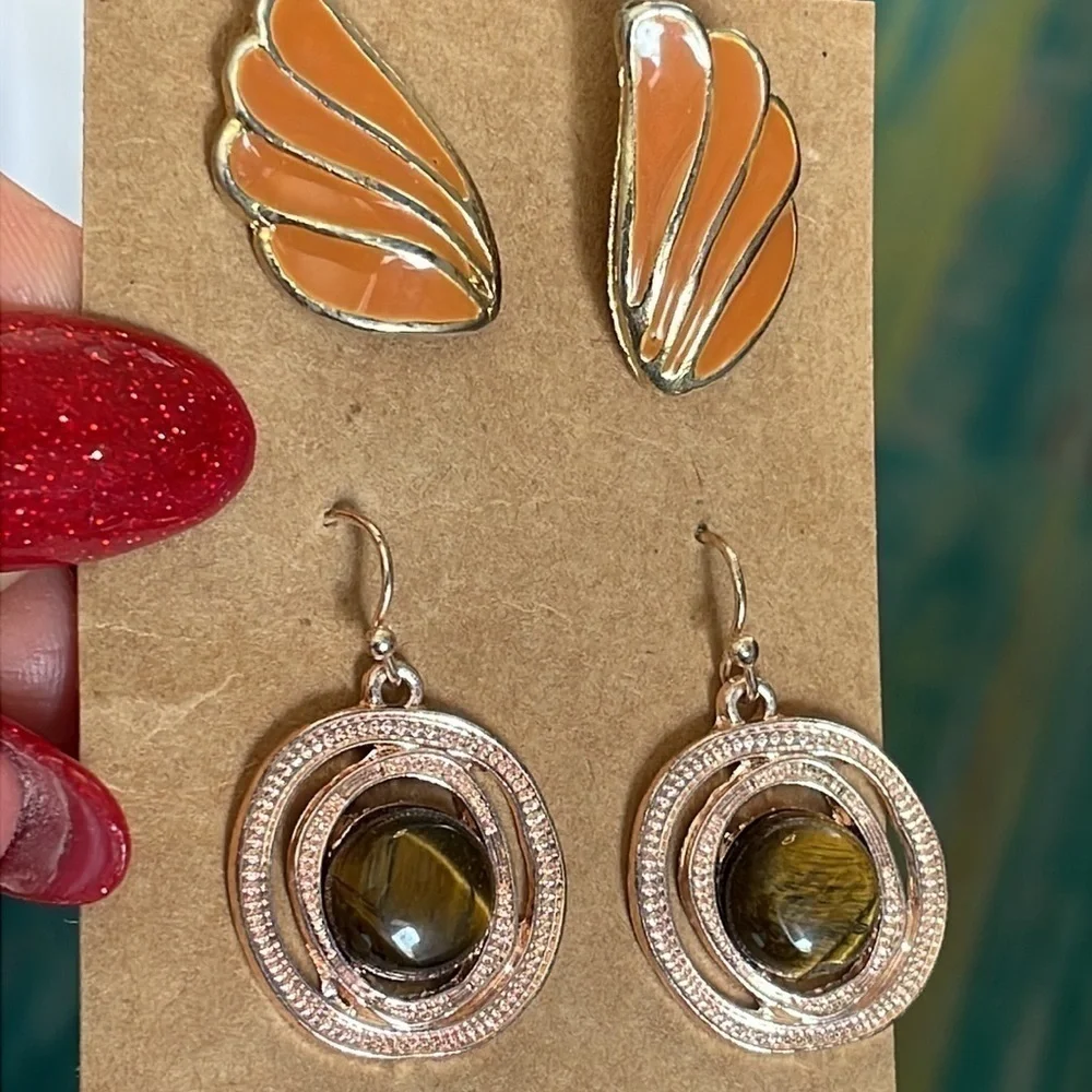 3 pair modern vintage retro tigers eye semi precious stone gold and silver tone